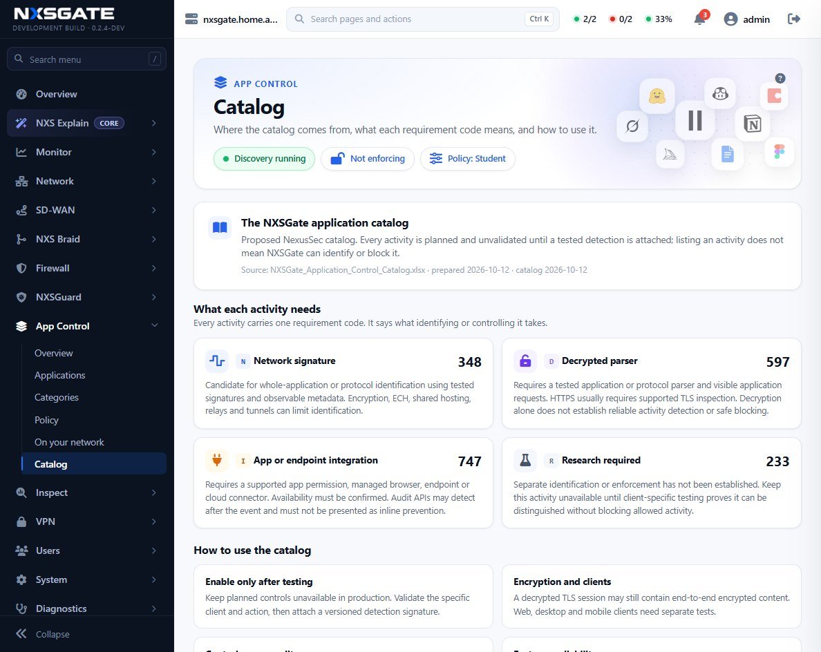 The App Control catalog: activities grouped by what identifying them needs, from network signatures to decrypted parsers, with counts for each.