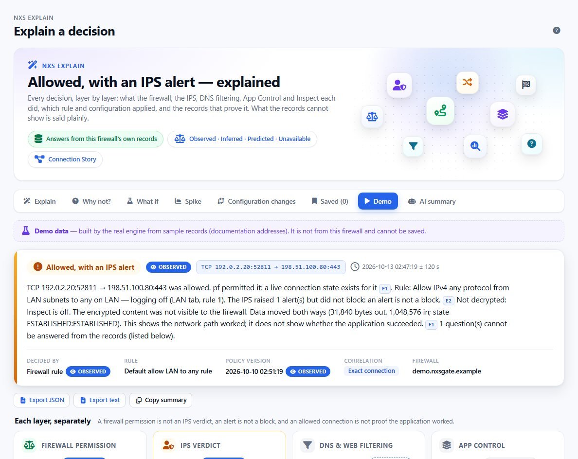 NXS Explain on an allowed connection that raised an IPS alert: the alert is not called a block, the NAT translation is shown, and each layer is listed separately.