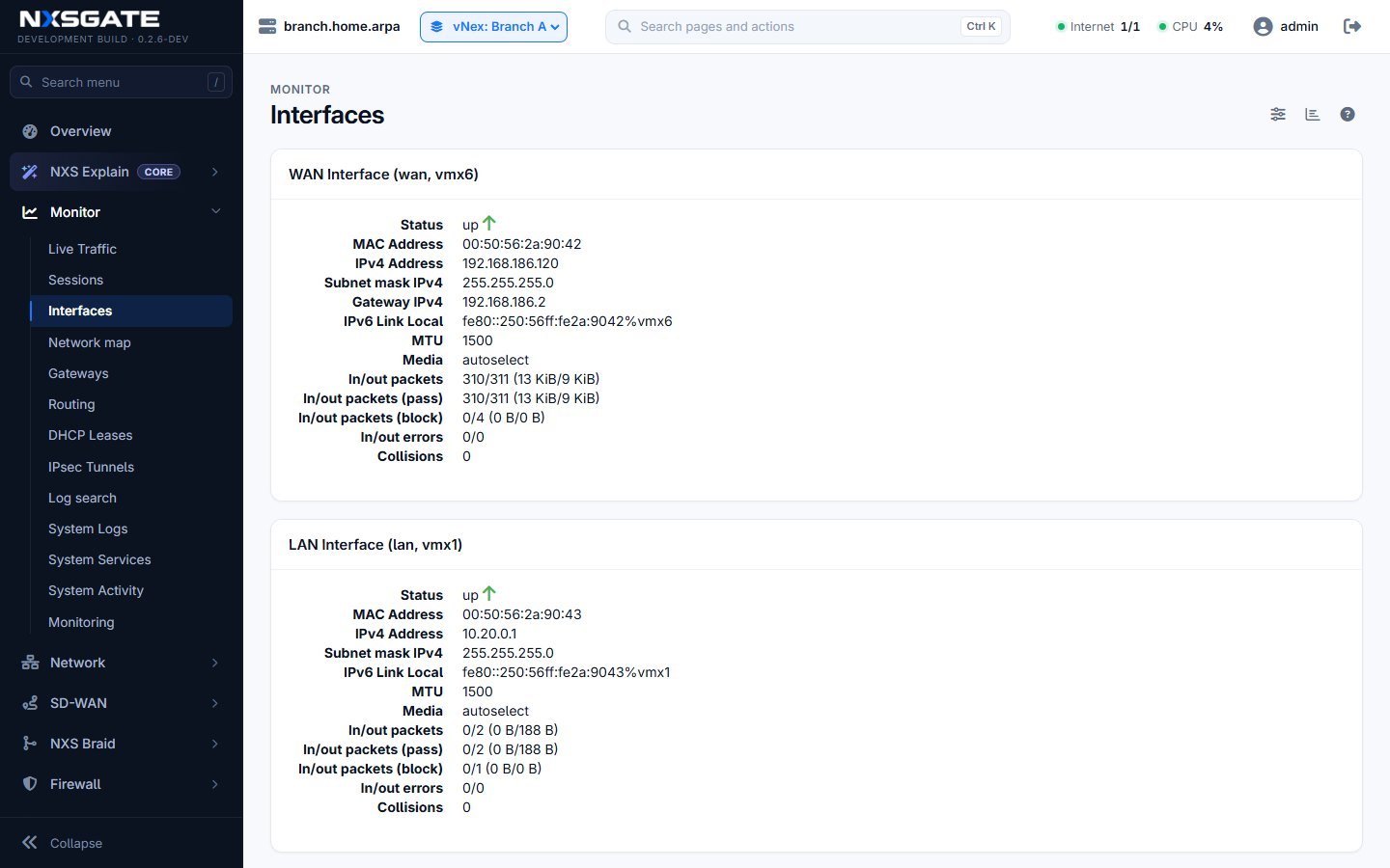 Inside a vNex called Branch A: its own console, switched to from the top bar, showing only the vNex's own WAN and LAN interfaces with their addresses and traffic.