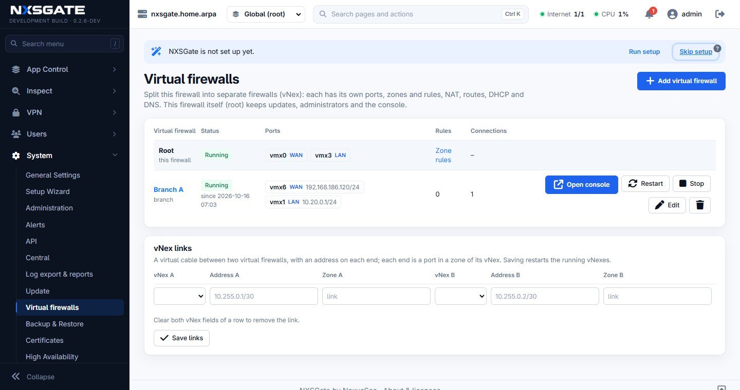 The Virtual firewalls page: the root firewall and a vNex called Branch A, each with its own WAN and LAN ports, and an Open console button for the vNex.